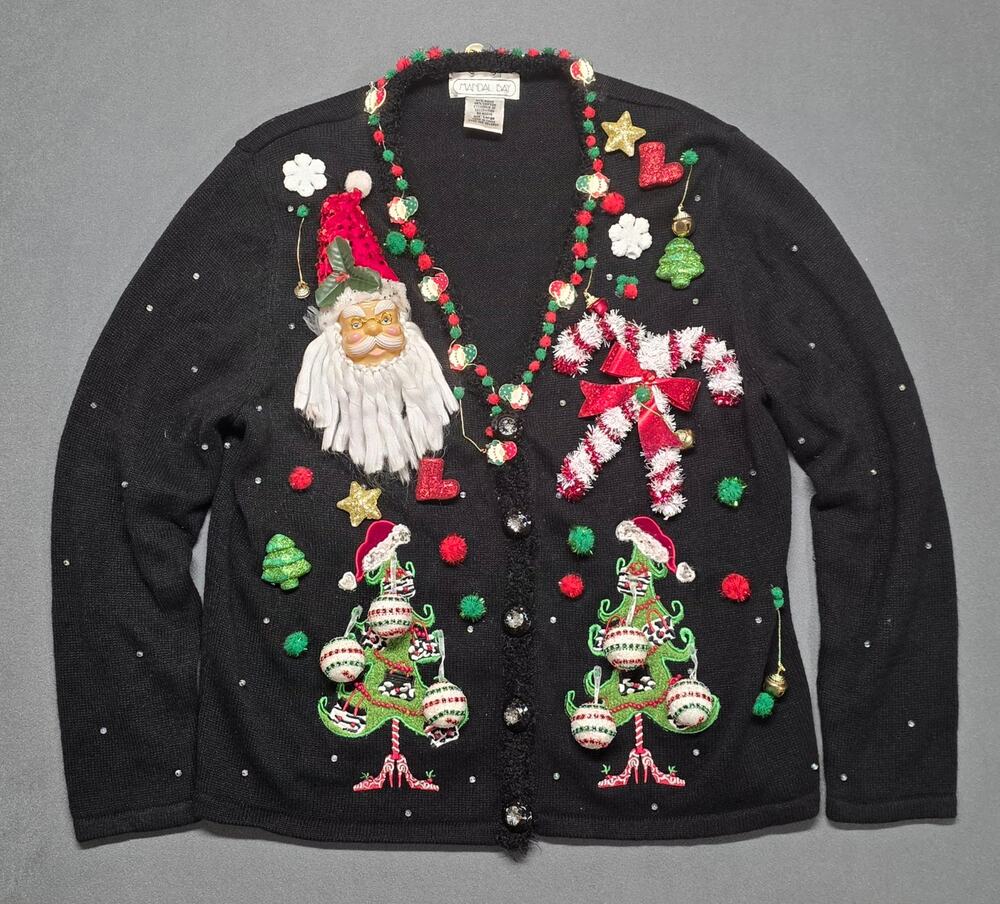 Christmas Ugly Artsy Unique Sweater 3D Santa Lights Up Festive Womens L Vintage